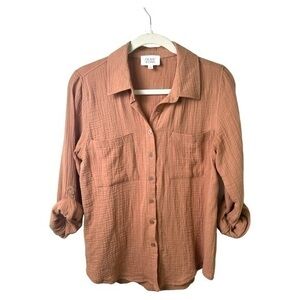 Olive And Oak Top Womens Small Roll Tab Sleeve Shirt Blouse Brown Button Down